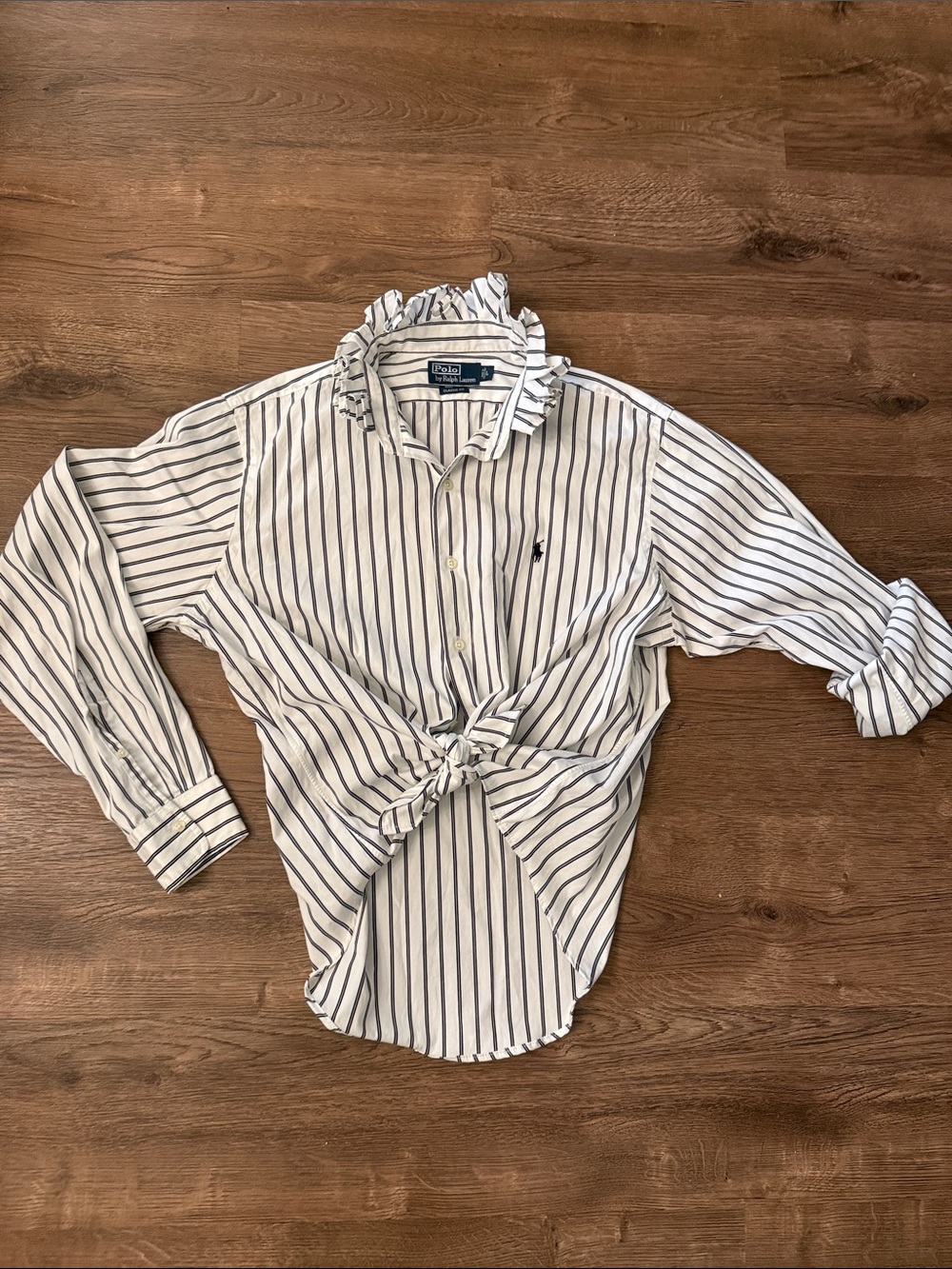 Polo by Ralph Lauren White Button-Down with Black Pinstripes and Ruffle Collar